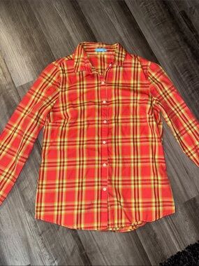 J. McLaughlin 6 womens button down casual shirt top plaid orange